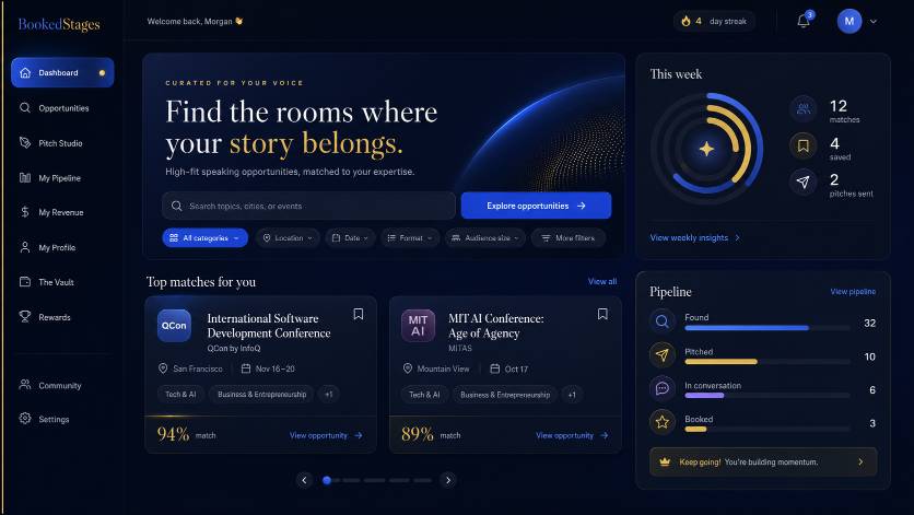 The The Stage Bank dashboard: matched speaking opportunities with fit scores and a live pipeline.